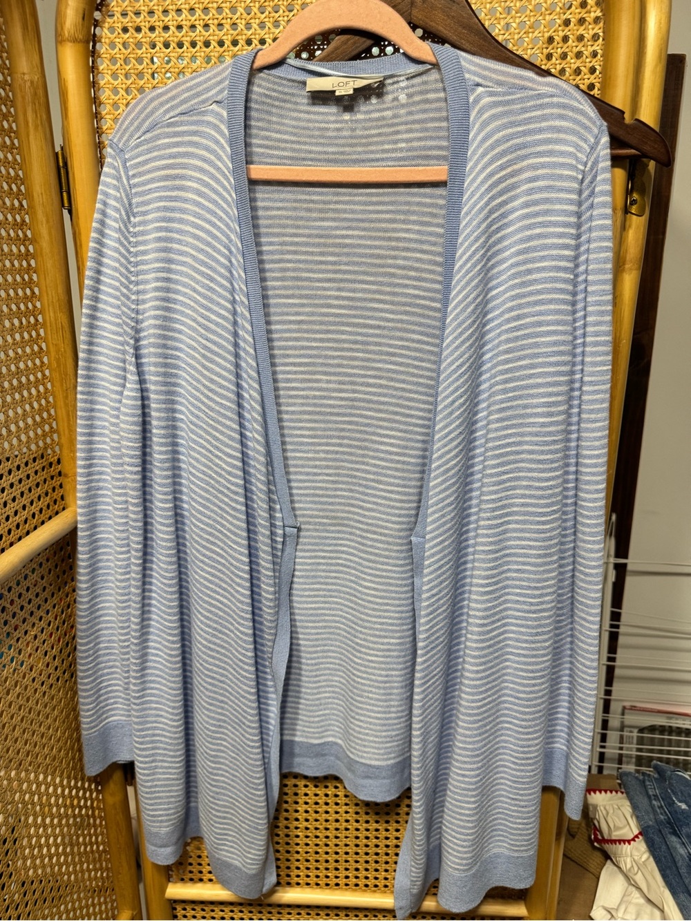 LOFT Light Blue and White Striped Open-Front Cardigan
